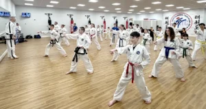 Taekwon-Do students performing in a class