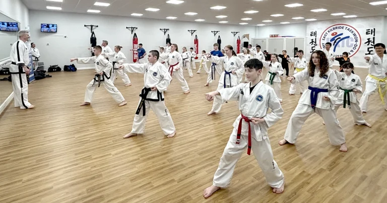 Taekwon-Do students performing in a class