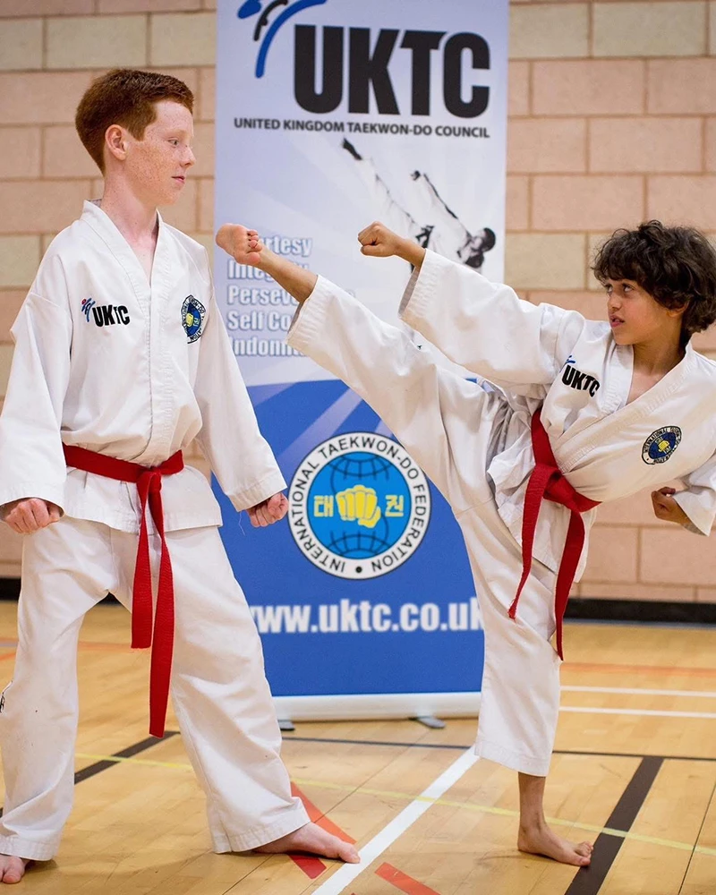 two young boys in taekwondo suits, one performing a high kick.